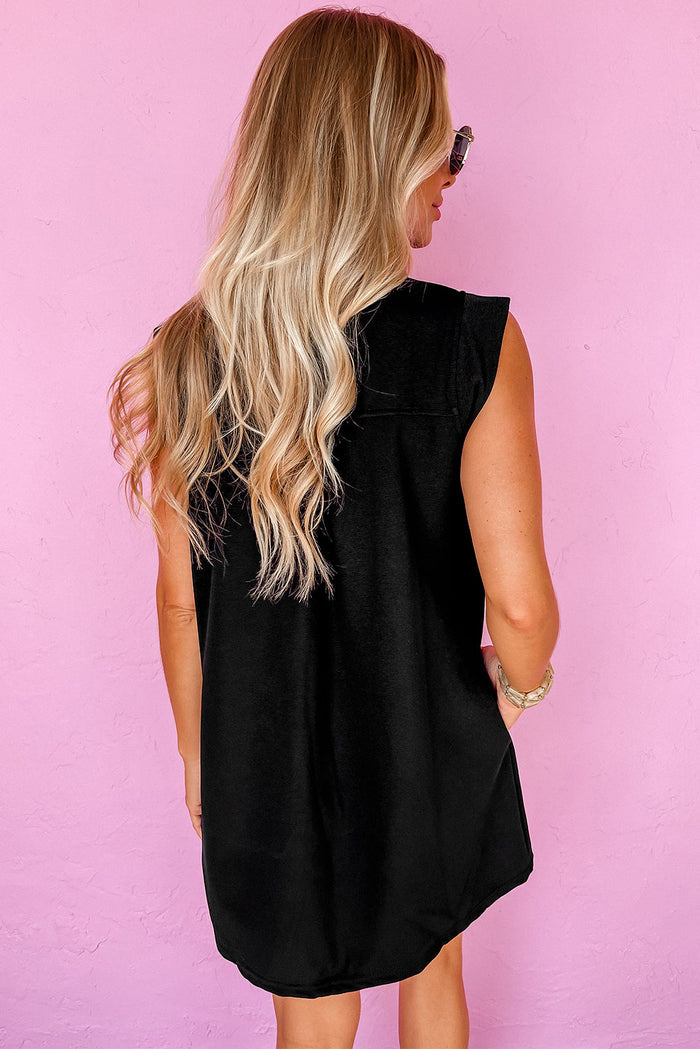 Black Solid Colour Collared Slit Neck Sleeveless Mini Dress - Dresses/Mini Dresses