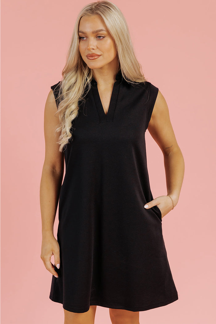 Black Solid Colour Collared Slit Neck Sleeveless Mini Dress - Dresses/Mini Dresses