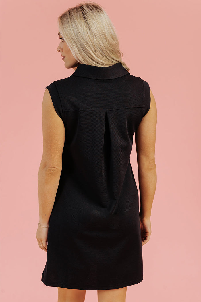 Black Solid Colour Collared Slit Neck Sleeveless Mini Dress - Dresses/Mini Dresses