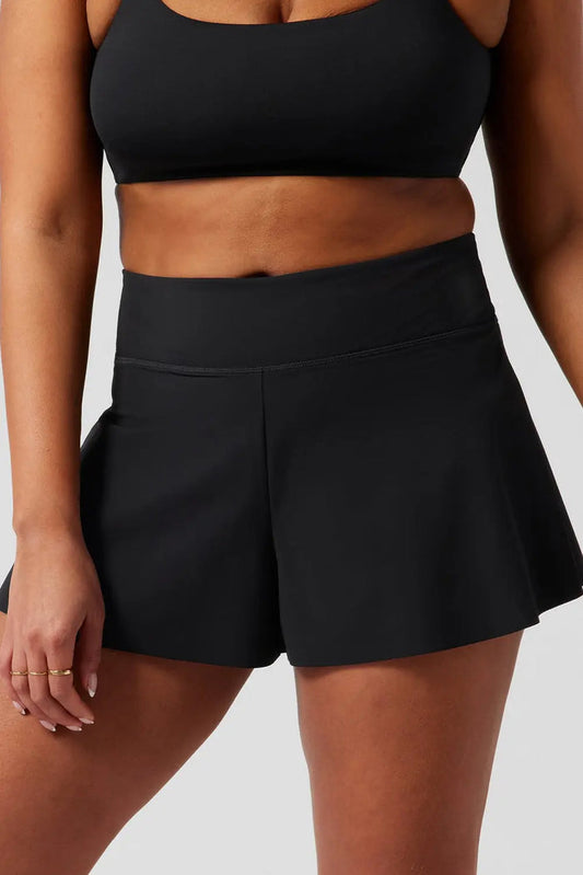 Black Solid Colour High Waist Wide Leg Swim Bottom - S / 75% Polyamide + 25% Elastane - Swimwear/Swim Bottoms