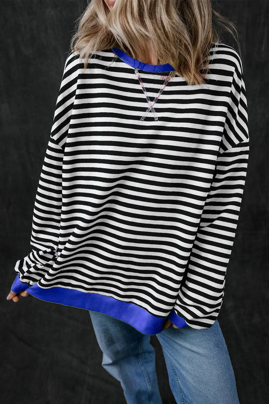 Black Stripe Oversized Contrast Trim Pullover Sweatshirt - BLACK STRIPE / S / 95% COTTON + 5% ELASTANE