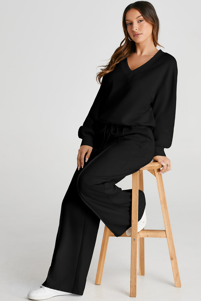 Black V Neck Cropped Seamed High Waist Sports Wear - Activewear/Activewear Sets