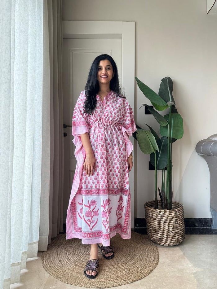 Block Print Cotton Kaftan- Pink Story