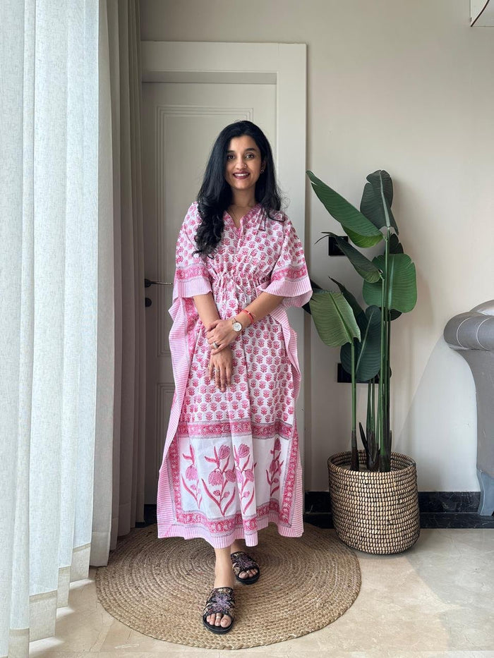 Block Print Cotton Kaftan- Pink Story