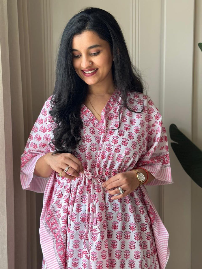 Block Print Cotton Kaftan- Pink Story