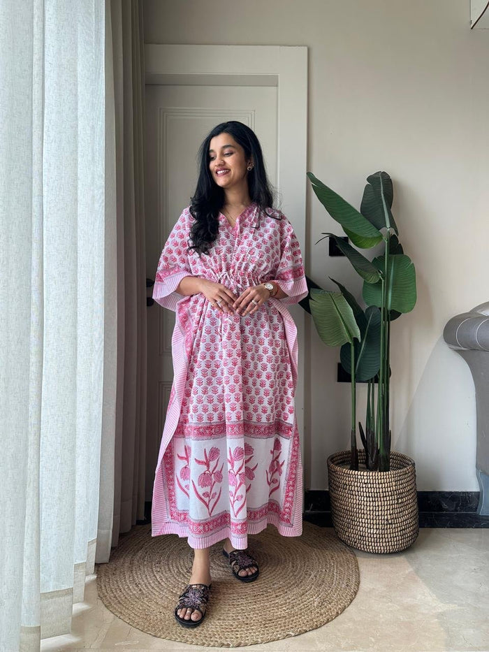 Block Print Cotton Kaftan- Pink Story