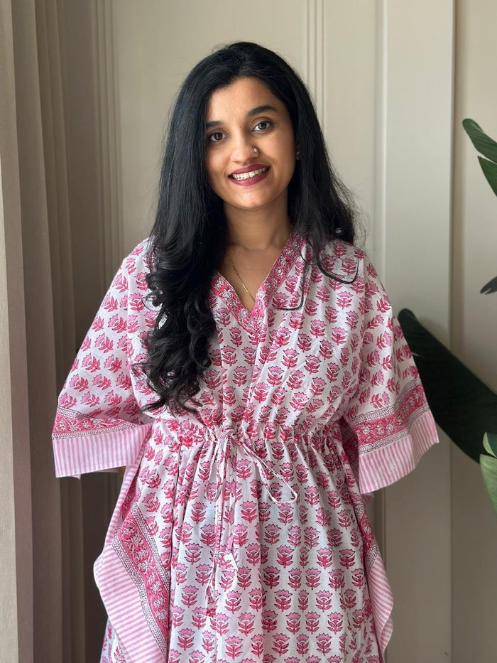 Block Print Cotton Kaftan- Pink Story