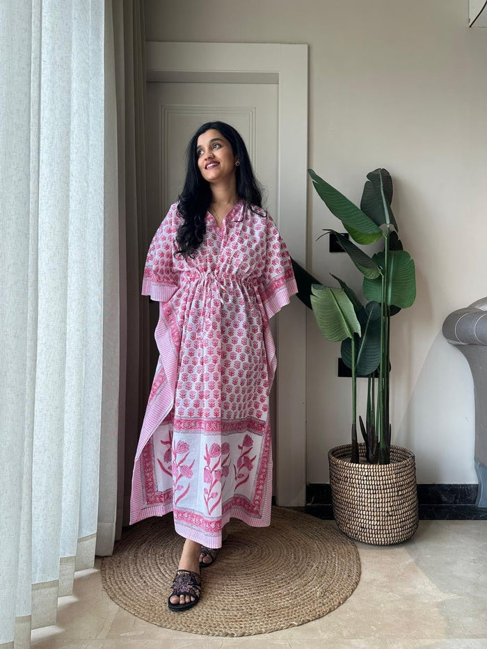 Block Print Cotton Kaftan- Pink Story