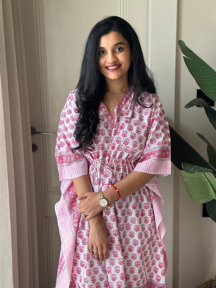 Block Print Cotton Kaftan- Pink Story