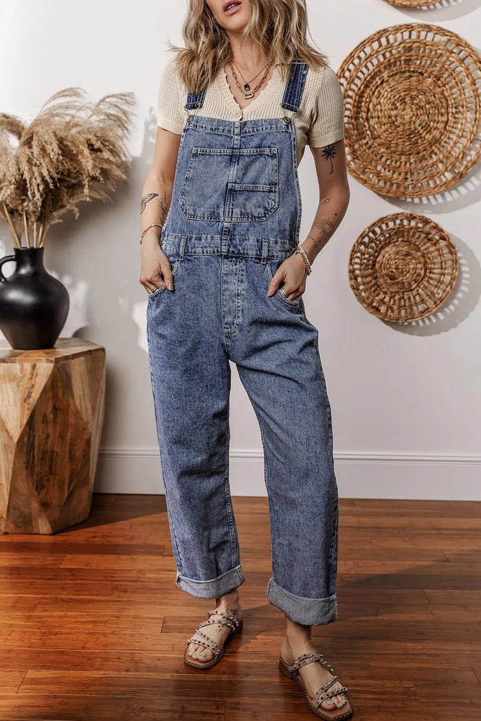 Sail Blue Denim Bib Straight Leg Jumpsuit with Pockets - SAIL BLUE / S / 85% COTTON + 15% POLYESTER - Bottoms/Jumpsuits