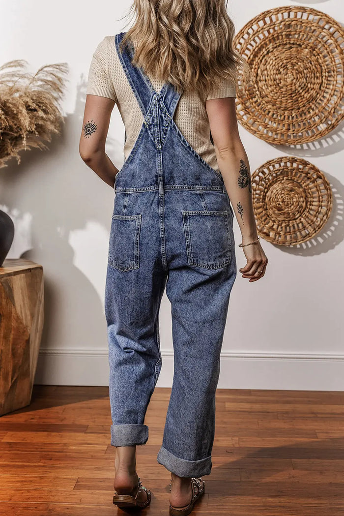 Sail Blue Denim Bib Straight Leg Jumpsuit with Pockets - Bottoms/Jumpsuits & Rompers