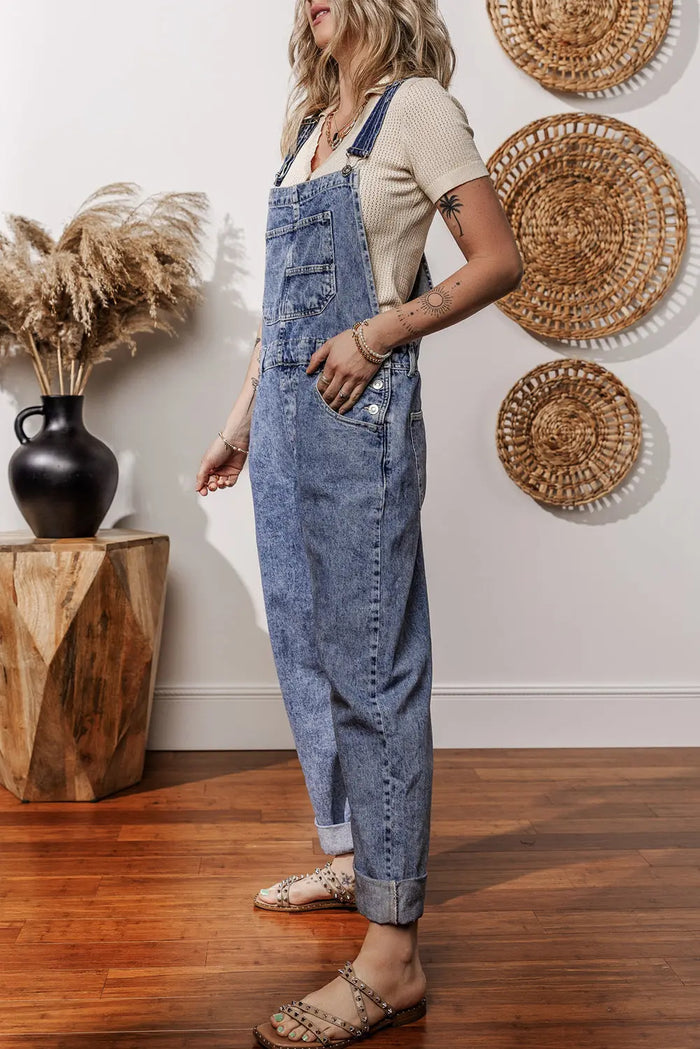 Sail Blue Denim Bib Straight Leg Jumpsuit with Pockets - Bottoms/Jumpsuits & Rompers