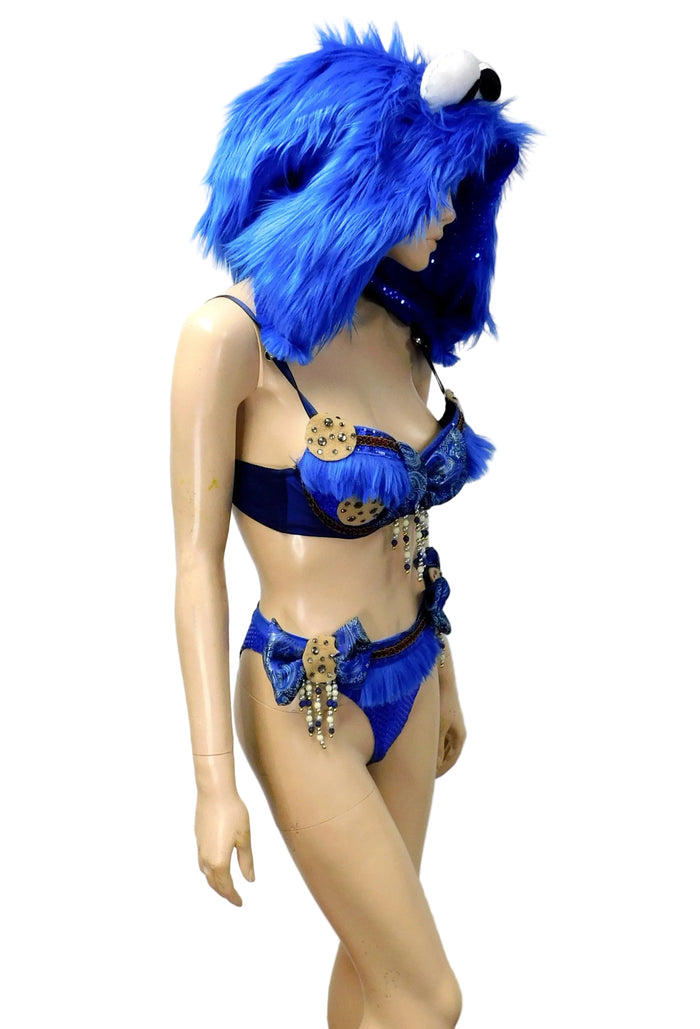 Blue Fuzzy Monster Dance Festival Cosplay Costume Detachable Fur Hood, Bra and High Waist Bottom