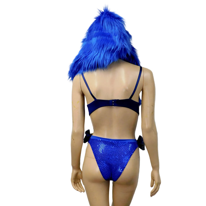 Blue Fuzzy Monster Dance Festival Cosplay Costume Detachable Fur Hood, Bra and High Waist Bottom
