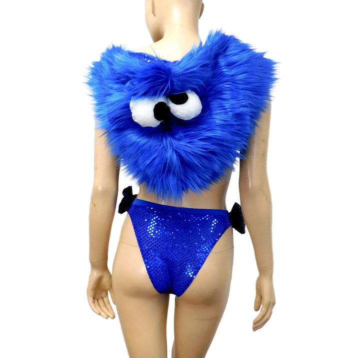 Blue Fuzzy Monster Dance Festival Cosplay Costume Detachable Fur Hood, Bra and High Waist Bottom