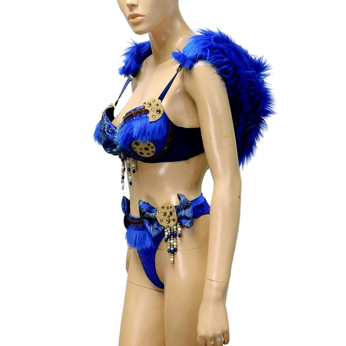 Blue Fuzzy Monster Dance Festival Cosplay Costume Detachable Fur Hood, Bra and High Waist Bottom