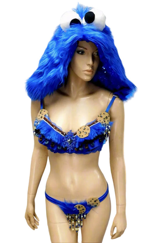 Blue Fuzzy Monster Dance Festival Cosplay Costume Detachable Fur Hood, Bra and Thong