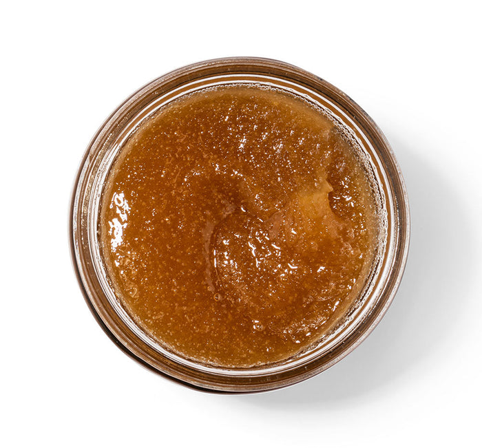 Top view of Bourbon Bubbler Liquor Infused Body Polish | Farmhouse Fresh in a jar, showcasing its rich, exfoliating texture for skincare and body care routines.