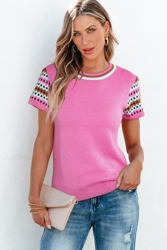 Bright Pink Contrast Printed Cap Sleeves Crewneck Sweater - Sweaters & Cardigans/Short Sleeve