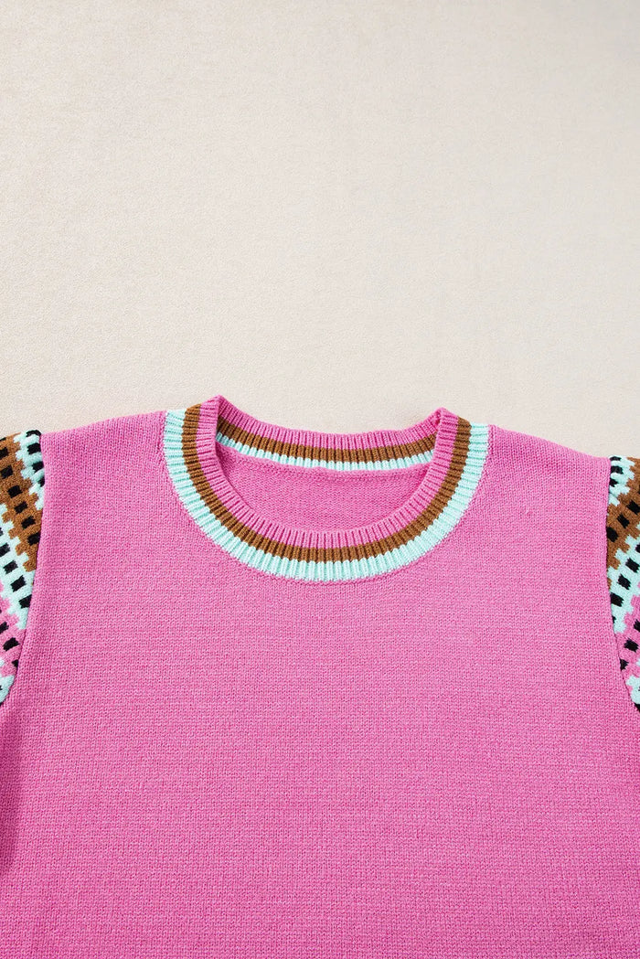 Bright Pink Contrast Printed Cap Sleeves Crewneck Sweater - Sweaters & Cardigans/Short Sleeve