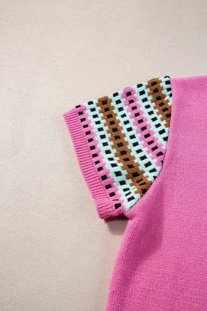 Bright Pink Contrast Printed Cap Sleeves Crewneck Sweater - Sweaters & Cardigans/Short Sleeve