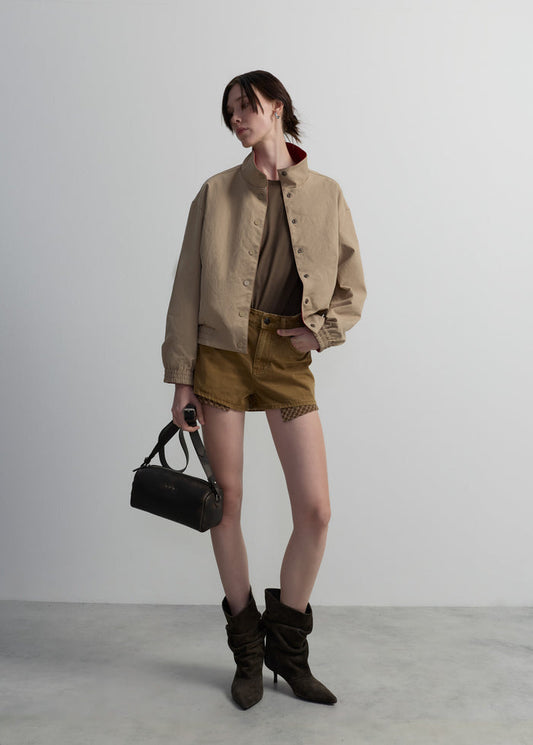 BROWN CHECKED POCKET DENIM SHORTS