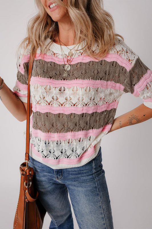 Brown Stripe Colour Block Hollow Out Crochet Half Sleeve Sweater - S / 100% Acrylic - Sweaters & Cardigans/Short