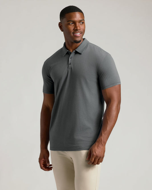 Carbon Short Sleeve Tall Polo on fit man, showcasing perfect fit.