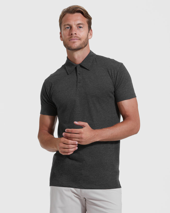 Charcoal Heather Gray Short Sleeve Tall Polo on model, showcasing fit.