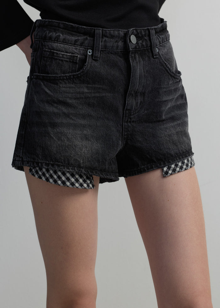 CHECKED POCKET DENIM SHORTS