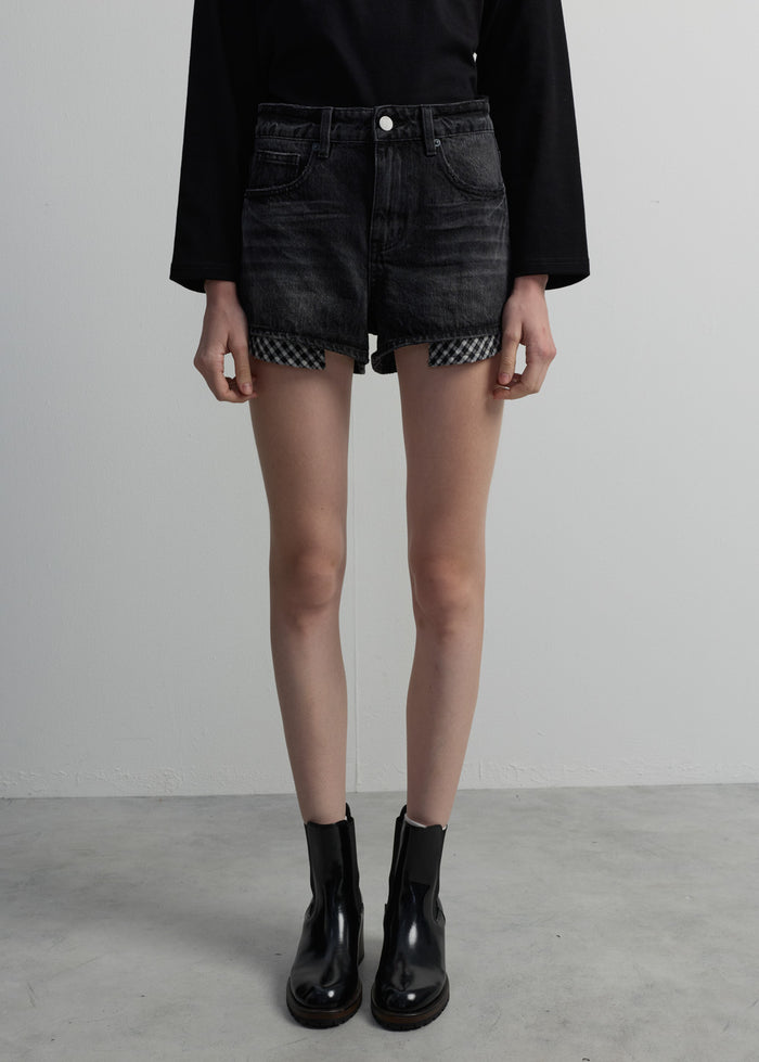 CHECKED POCKET DENIM SHORTS
