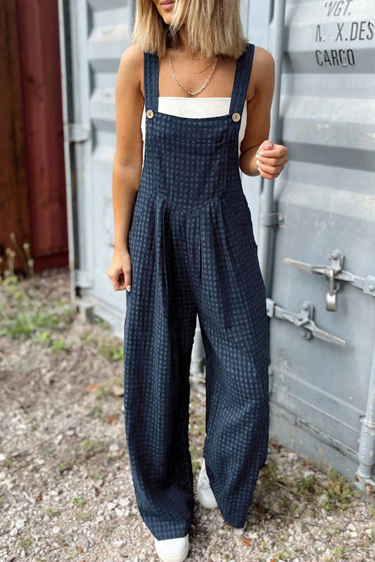 Sail Blue Plaid Print Buttoned Pocketed High Waist Overall - SAIL BLUE / S / 50% POLYESTER + 50% COTTON