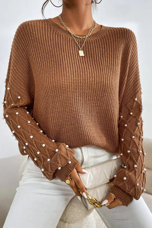 Chestnut Beaded Drop Shoulder Round Neck Sweater - CHESTNUT / S / 55% ACRYLIC + 45% COTTON - Tops/Sweatshirts & Hoodies
