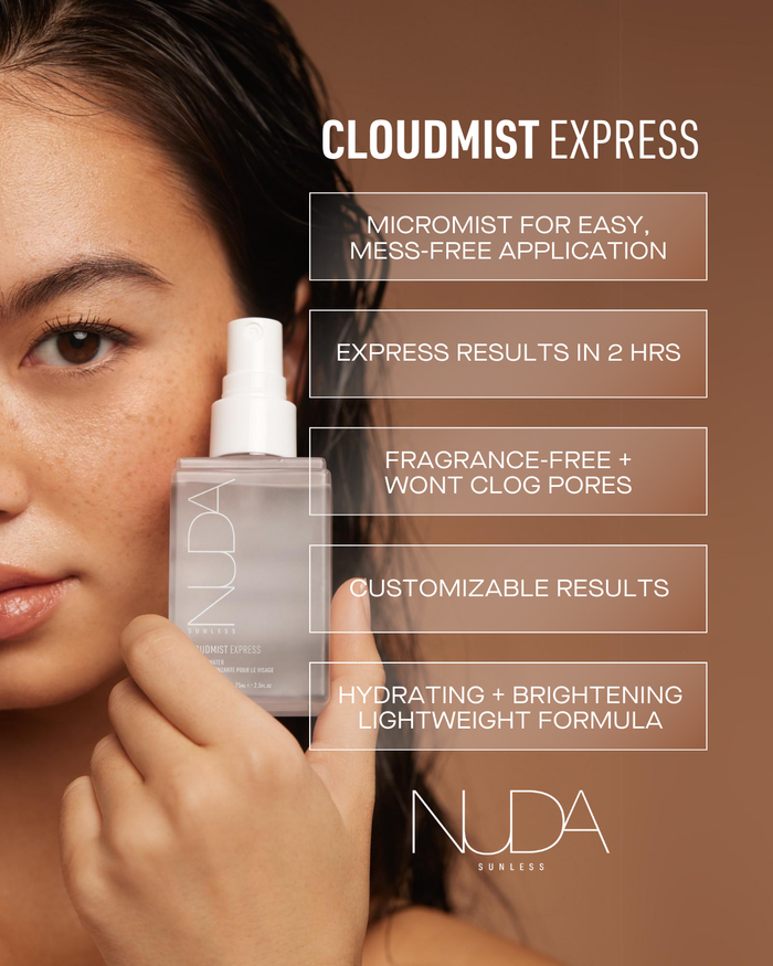 Woman holding a bottle of Cloudmist Express - Face Tan Water | NUDA, showcasing its micromist spray with text highlighting easy application, fast results, fragrance-free formula, customizable tan, and hydrating benefits.