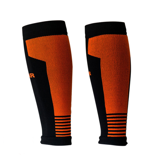 Black and orange compression calf sleeves with striped pattern on lower leg
