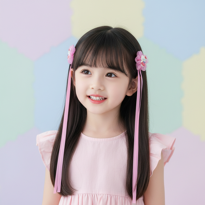 Cute Flower & Ribbon Bow Hair Clips for Little Girls – 35cm Long Tassel Streamer Hair Pins, Sweet Mesh Flower Alligator Clips, Toddler Hair (TK-1189S)