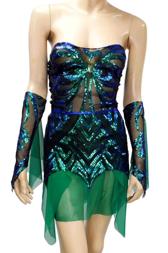 Dark Green and Blue Iridescent Sequins Butterfly Goddess Nymph Fairy Dress Dance Festival