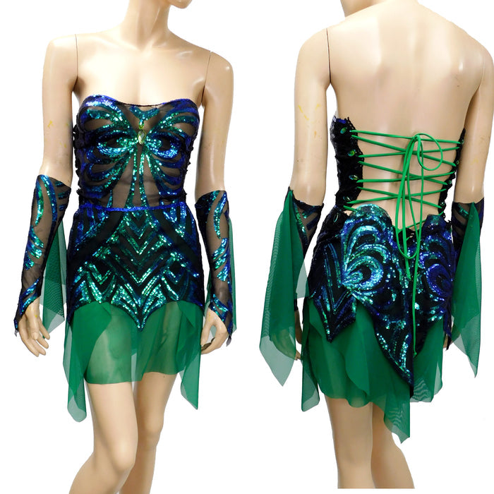 Dark Green and Blue Iridescent Sequins Butterfly Goddess Nymph Fairy Dress Dance Festival