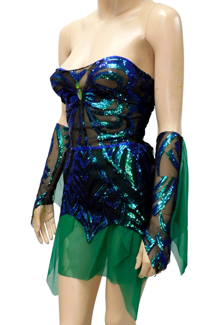 Dark Green and Blue Iridescent Sequins Butterfly Goddess Nymph Fairy Dress Dance Festival
