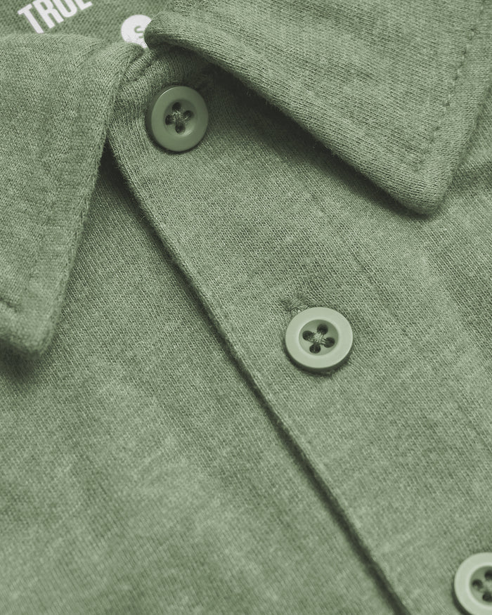 Dark Heather Bay Green Short Sleeve Tall Polo showing collar and buttons.