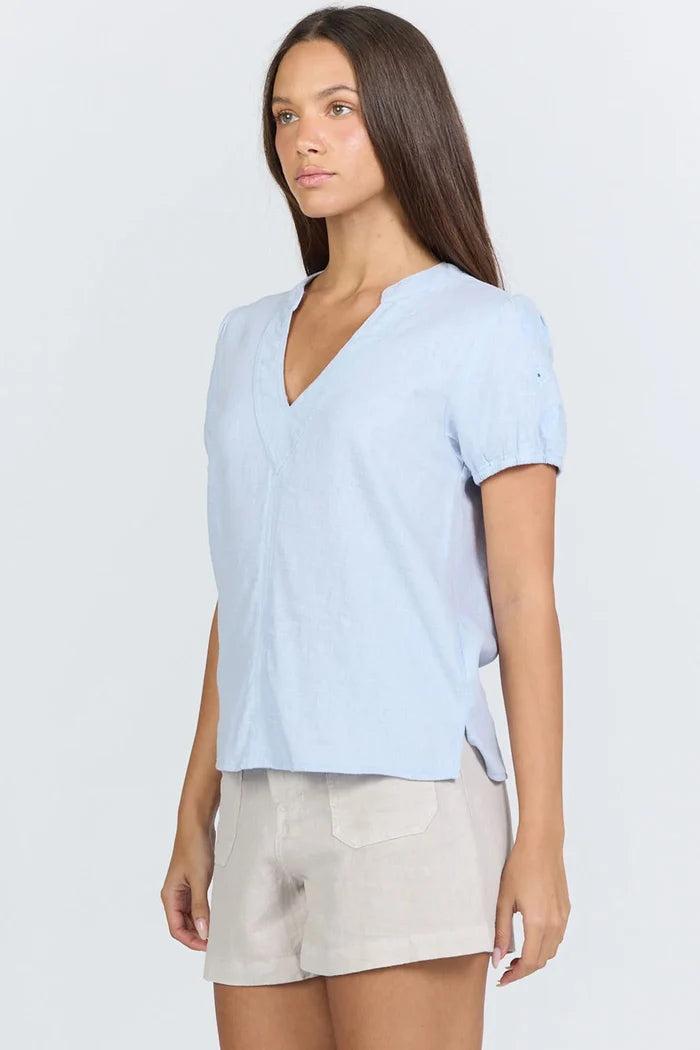 light blue top with embroidered sleeves