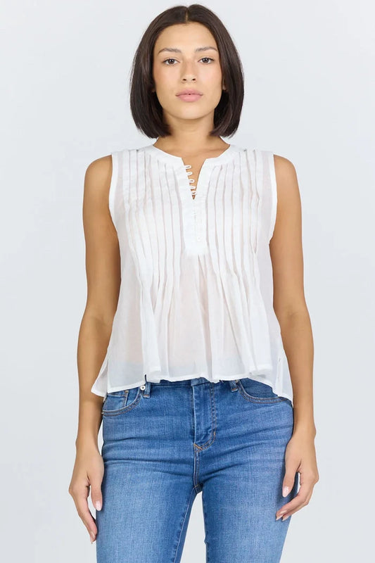 White sleeveless button top with pleats