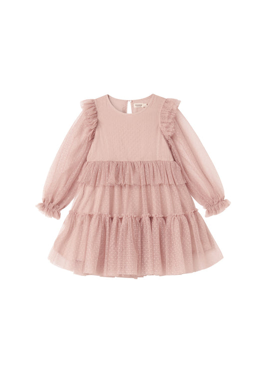 Pink tulle dress for children with layered design and long sleeves