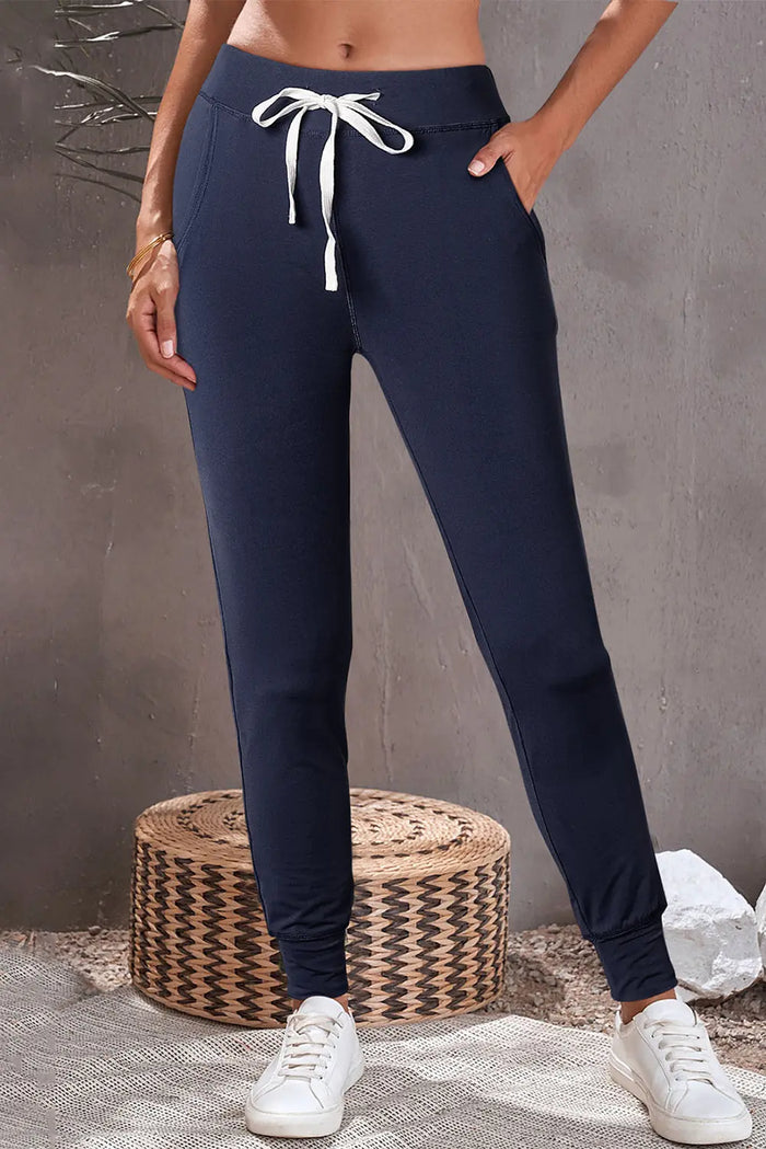 Dark Brown Drawstring Waist Pocketed Joggers - NAVY BLUE / S / 90% POLYESTER + 10% ELASTANE - Bottoms/Joggers