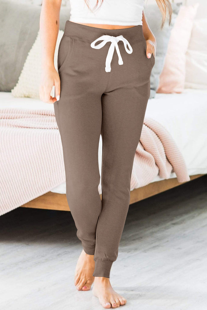 Dark Brown Drawstring Waist Pocketed Joggers - DARK BROWN / S / 90% POLYESTER + 10% ELASTANE - Bottoms/Joggers
