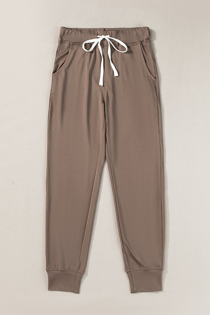 Dark Brown Drawstring Waist Pocketed Joggers - Bottoms/Joggers