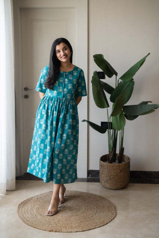 Drishy Maternity Cotton Dress- Blue Booti
