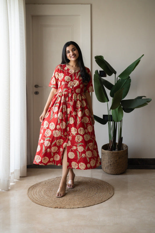 Drishy Maternity Cotton Dress- Red Florals