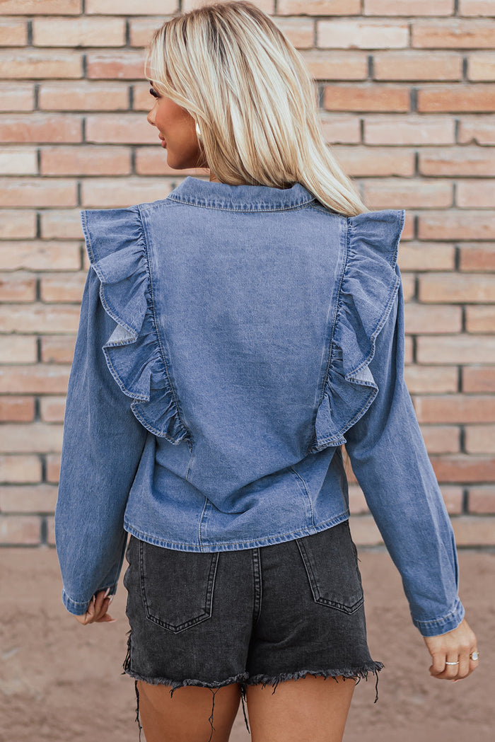 Dusk Blue Denim Ruffled Casual Top - Tops/Blouses & Shirts