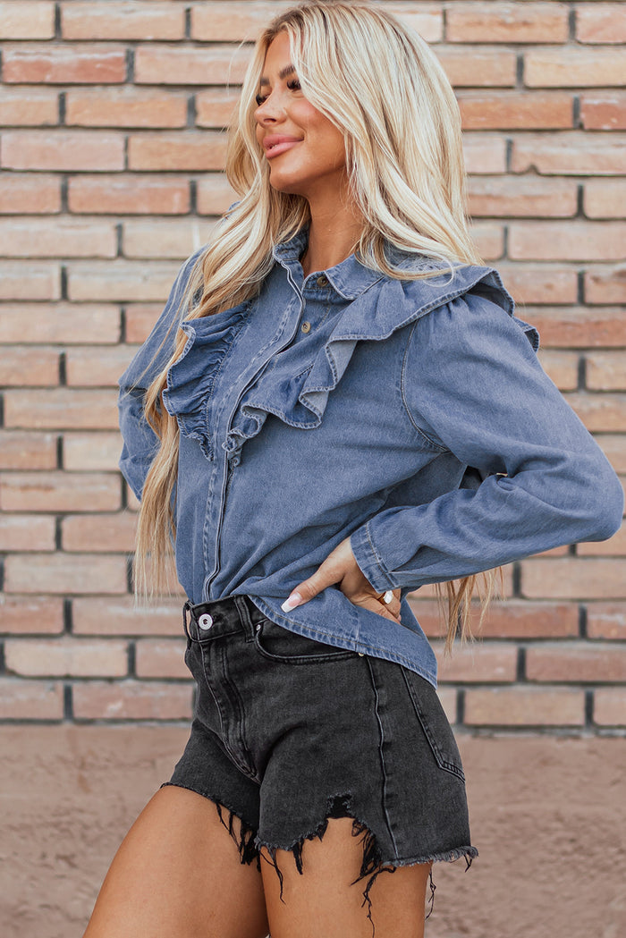 Dusk Blue Denim Ruffled Casual Top - Tops/Blouses & Shirts